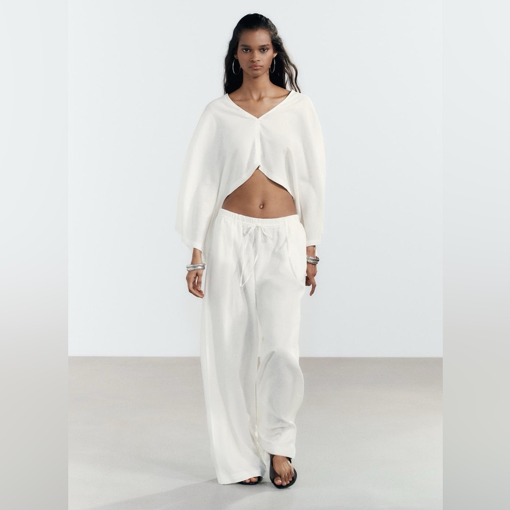 Zara White Wide-Leg Drawstring Pants